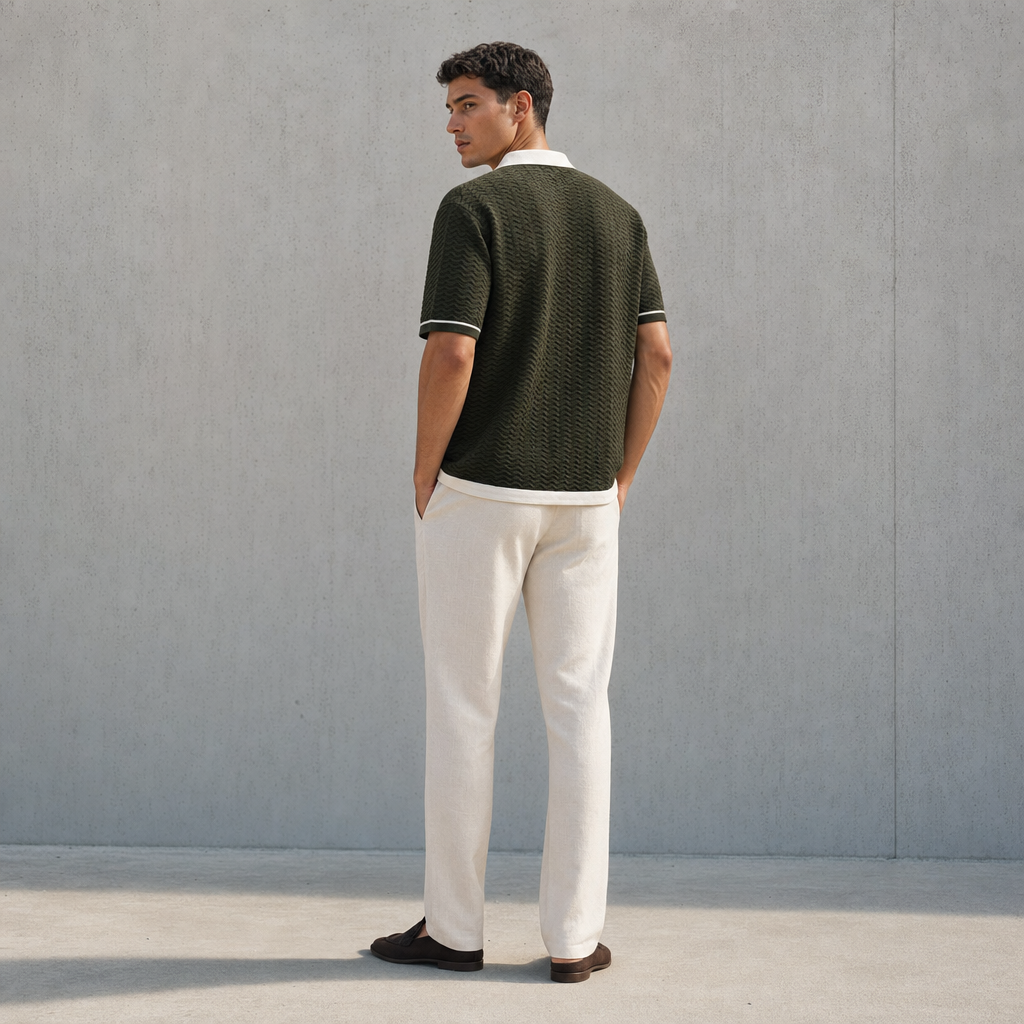 Wave Texture Knit Polo — Olive Green