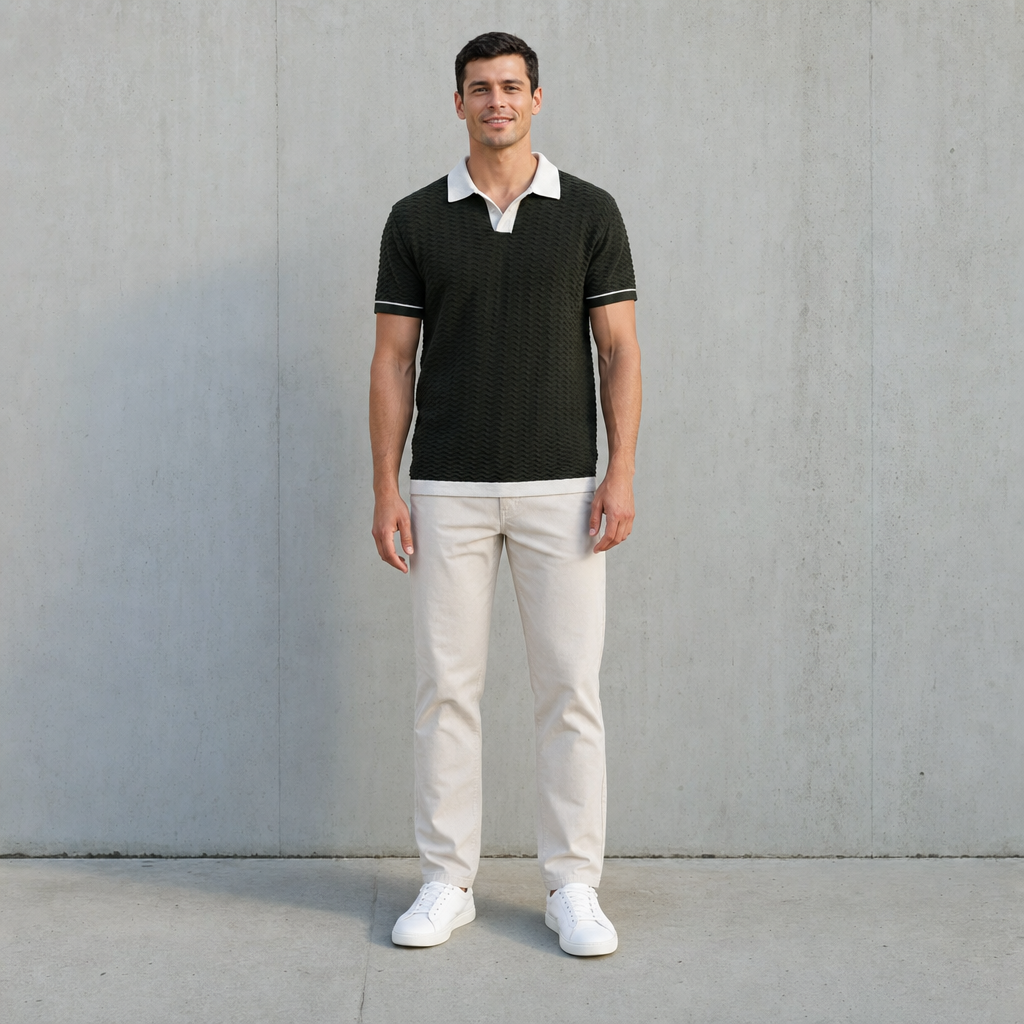 Wave Texture Knit Polo — Olive Green