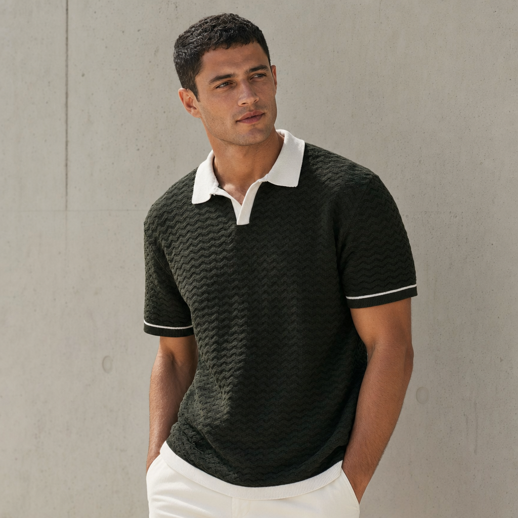 Wave Texture Knit Polo — Olive Green